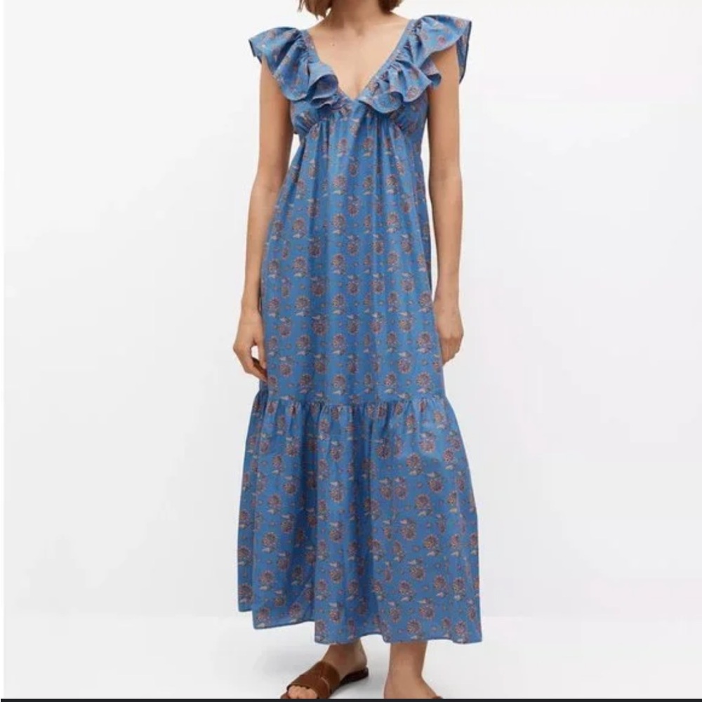 Mango Blue and Pink Floral Ruffle Maxi Dress